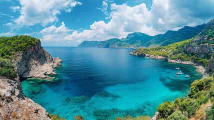 Obraz premium Stunning Turquoise Bay Coastal Landscape Serenity Summer Vacation Boats Blue Green sea sky sun view 