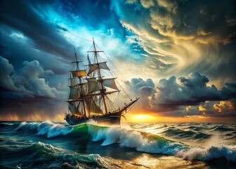 Dramatic Sailing Ship Battling Stormy Seas, Epic Ocean Waves, Copy Space