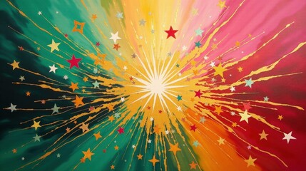 A joyful explosion of color with sharp starburst patterns, glowing highlights, and a radiant gradient of green, pink, and gold tones.
