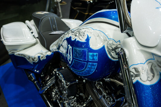 Verona, Italy : 2025 01 24 MBE Motor Bike Expo Custom Motorbike and Custom Muscle Car Event Title: Blue and White Custom Harley Bagger