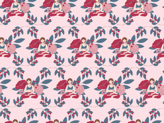 Pattern of a calm woman in lotus position surrounded by flowers and leaves in soft colors, representing relaxation and self-care. Flat style illustration for wellness and lifestyle projects.