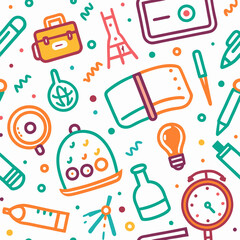 Colorful doodle pattern of office supplies, stationery, and everyday objects.