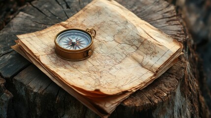 Vintage Compass and Map on Tree Stump