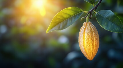 Cacao pod hanging on tree branch illuminated by sunlight in lush tropical environment