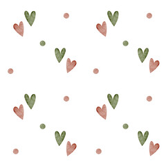 Pattern hearts red, green. Watercolor illustration. Geometric seamless print on white background for design holidays, Valentine's Day, lovers, Christmas, New Year textiles, fabric, packaging, clothes