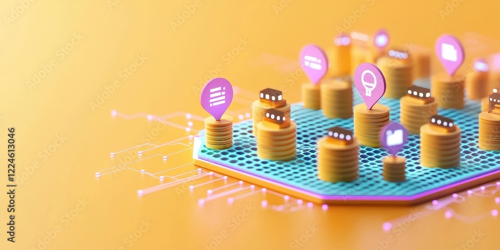 Poster modern digital network with data icons and coins