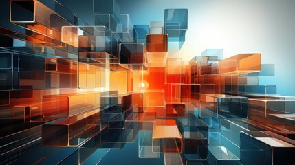 Abstract 3D Render of Glass Cubes Orange Blue and Red  Geometric Shapes Digital Art Background