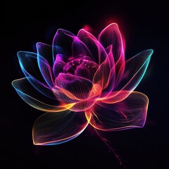 Glowing lotus flower with colorful lines on a dark background, suitable for digital art