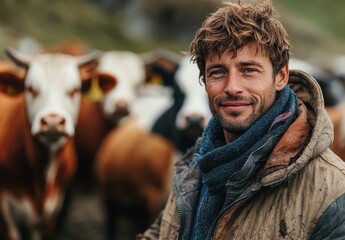 Smiling farmer stands confidently among cattle in a serene rural landscape, showcasing a lifestyle of connection with animals and nature in farming life.