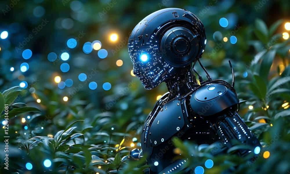 Poster futuristic robot in lush forest at night; ai concept