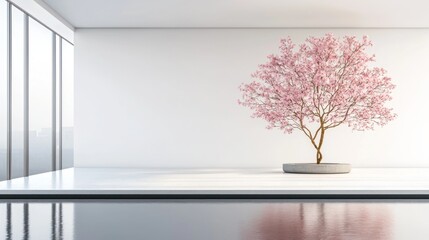 Minimalist Interior with Blooming Tree