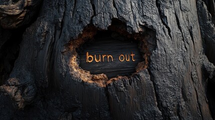 Burnout, The words 'burn out' carved into a charred tree trunk
