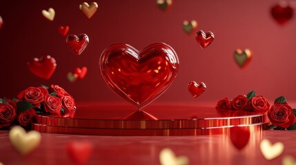 Heart-shaped podium with a glossy red finish, surrounded by roses and floating golden heart
