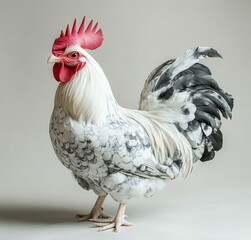 Stunning Portrait of a Majestic Chicken with Exquisite Feather Patterns and Vibrant Comb Displaying Natural Beauty in a Neutral Background