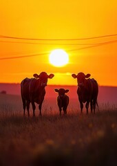 Naklejka premium Sunset Over Fields with Three Cows Silhouetted Against the Vibrant Horizon, Capturing the Essence of Rural Life in a Serene Landscape