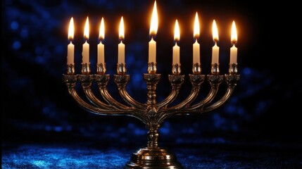 A shimmering hanukkah menorah featuring eight candles radiating warmth against a serene blue background, creating an inviting atmosphere for your joyful celebrations