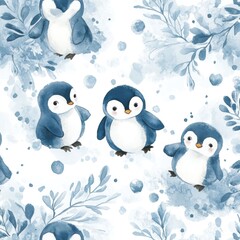 Fototapeta premium Adorable penguins winter watercolor pattern, fabric print