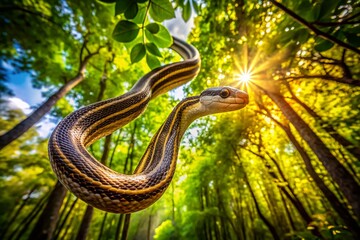 Drone View: Brown Striped Snake Hanging from Tree Branch in Lush Forest