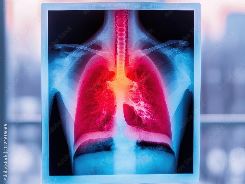 Poster an x-ray image showing human lungs with highlighted areas, emphasizing respiratory structures and po