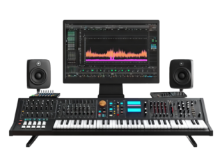 Professional Audio Mixing Console and Keyboard with Monitors on Transparent Background