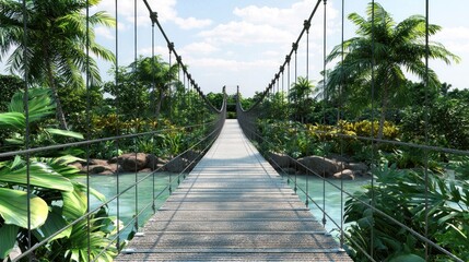Tropical suspension bridge crossing jungle river