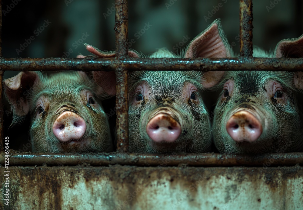 Poster three curious piglets peering through rusty bars inside a farm barn, capturing the intriguing dynami