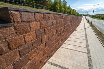 Drone View: Polished Brown Granite Wall, Smooth Stone Masonry Blocks