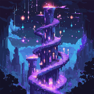 Vector fantasy spiral tower under enchanted night sky.