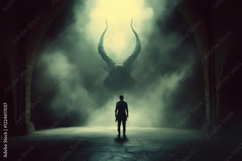 Poster man walking towards a mythical creature with big horns in a dark temple with green fog and bright li