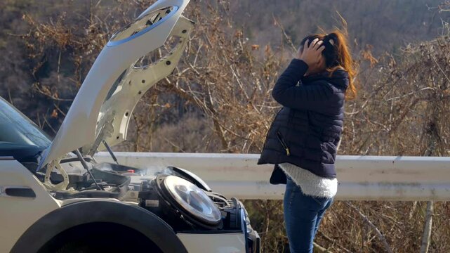 車から煙が出て頭を抱える女性