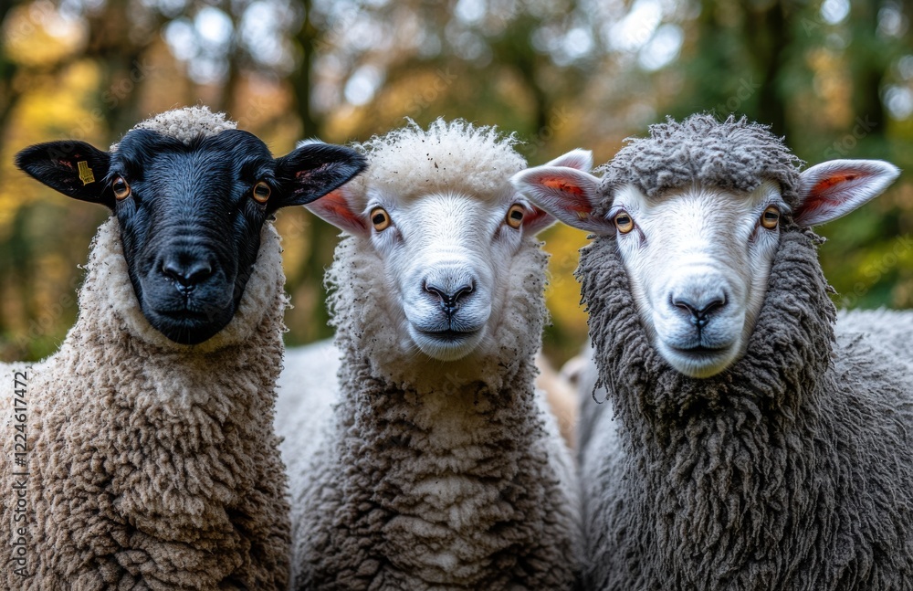 Poster three diverse sheep standing together in a lush green field showcasing unique fur colors and texture