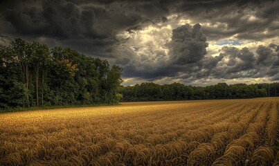 Fototapeta premium Golden field and forest under dramatic stormy sky, rural landscape, ideal for nature backgrounds