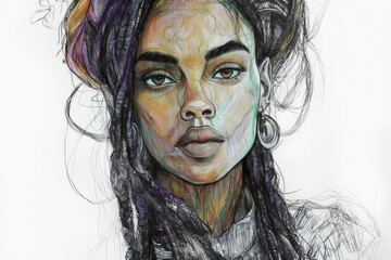 Colorful portrait drawing of a young black woman with braids looking seriously, fashion and beauty illustration