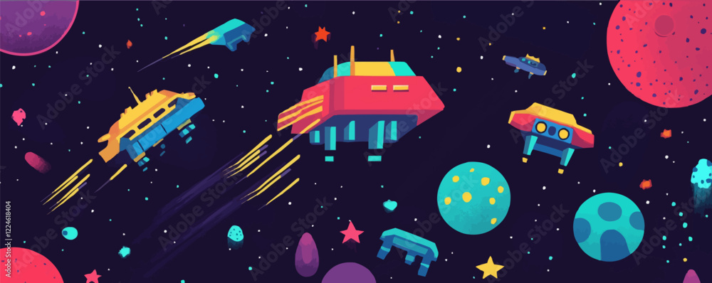 Aufkleber colorful spaceship vector journey through outer space with planets and stars.
