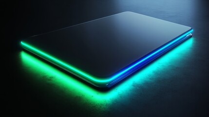 Futuristic business card background with glowing neon lines in blue and green on a sleek black surface 