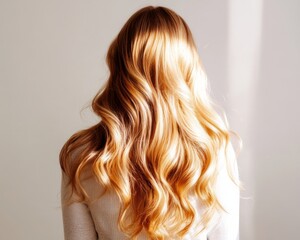 Naklejka premium A photo of a woman from behind, showcasing long, blonde hair styled in loose waves, set against a white background.