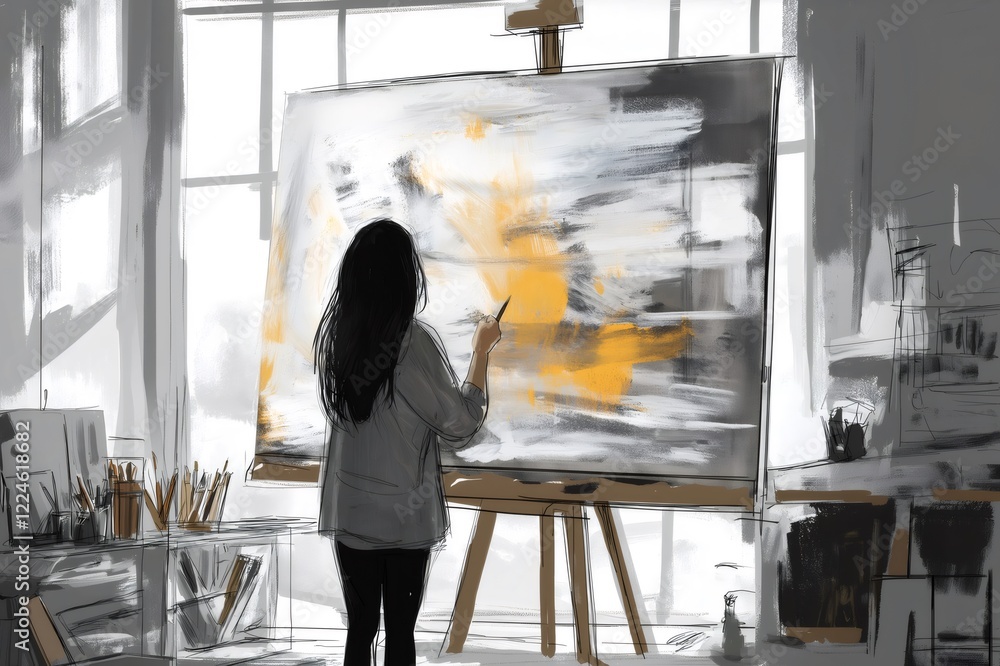 Poster painter working on abstract painting in bright studio with large window, adding yellow to a gray and