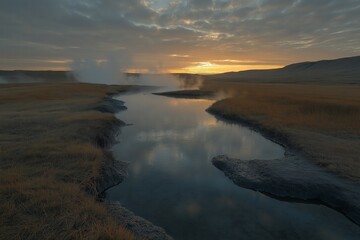 Natural hot springs steam rising during sunset in a serene landscape
