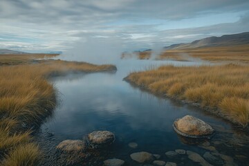 Serene geothermal springs with mist rising above a tranquil stream in a vast landscape