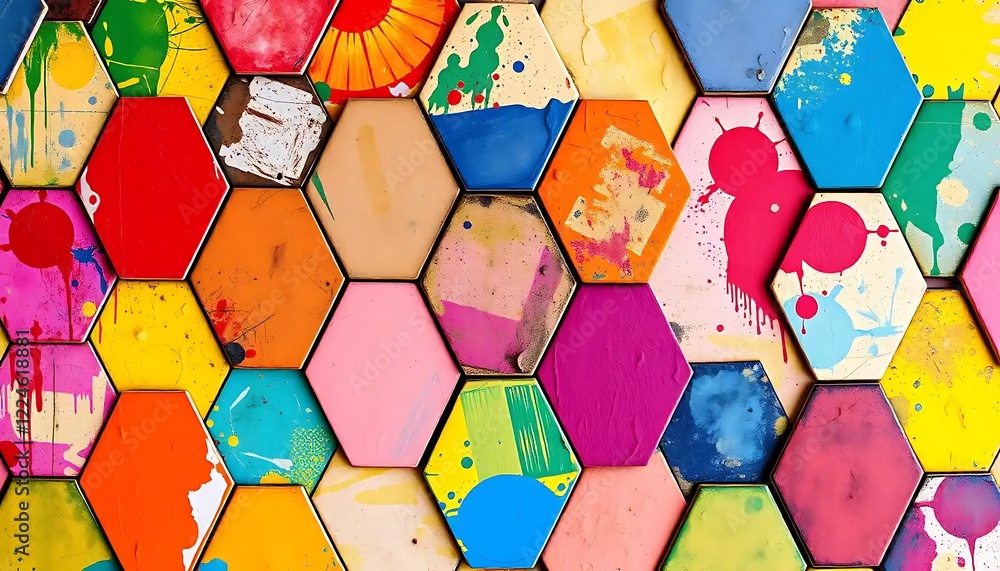 Poster abstract hexagon pattern colorful paint splatter art