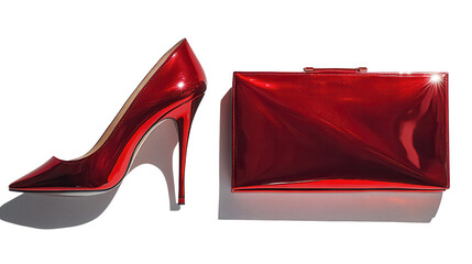 Red purse placed next to a stylish pair of high heel shoes on a white surface