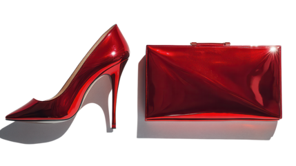 Red purse placed next to a stylish pair of high heel shoes on a white surface