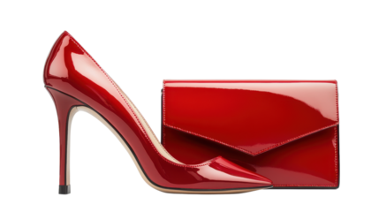 Red patent leather clutch bag and matching red patent leather pumps on a white background
