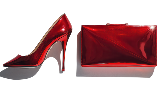 Red purse placed next to a stylish pair of high heel shoes on a white surface