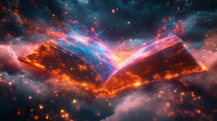 Vibrant light trails emanating from open book digital art fantasy realm cosmic environment aesthetic viewpoint