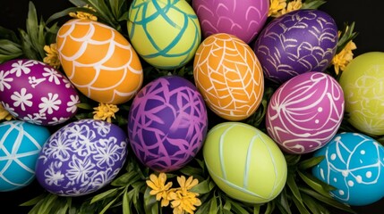 Decorated Easter Eggs Nestled in Spring Greenery