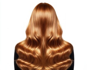 Fototapeta premium A photo of a woman from behind, showcasing long, hair styled in loose waves, set against a white background.