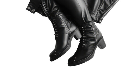Pair of black leather ankle boots with side zippers on a white background © Kittichet