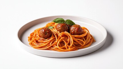 Delicious spaghetti topped with meatballs, garnished with fresh