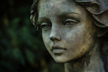 Close up of a weathered stone statue of a young woman, her serene expression and captivating gaze evoking a sense of timeless beauty and tranquility